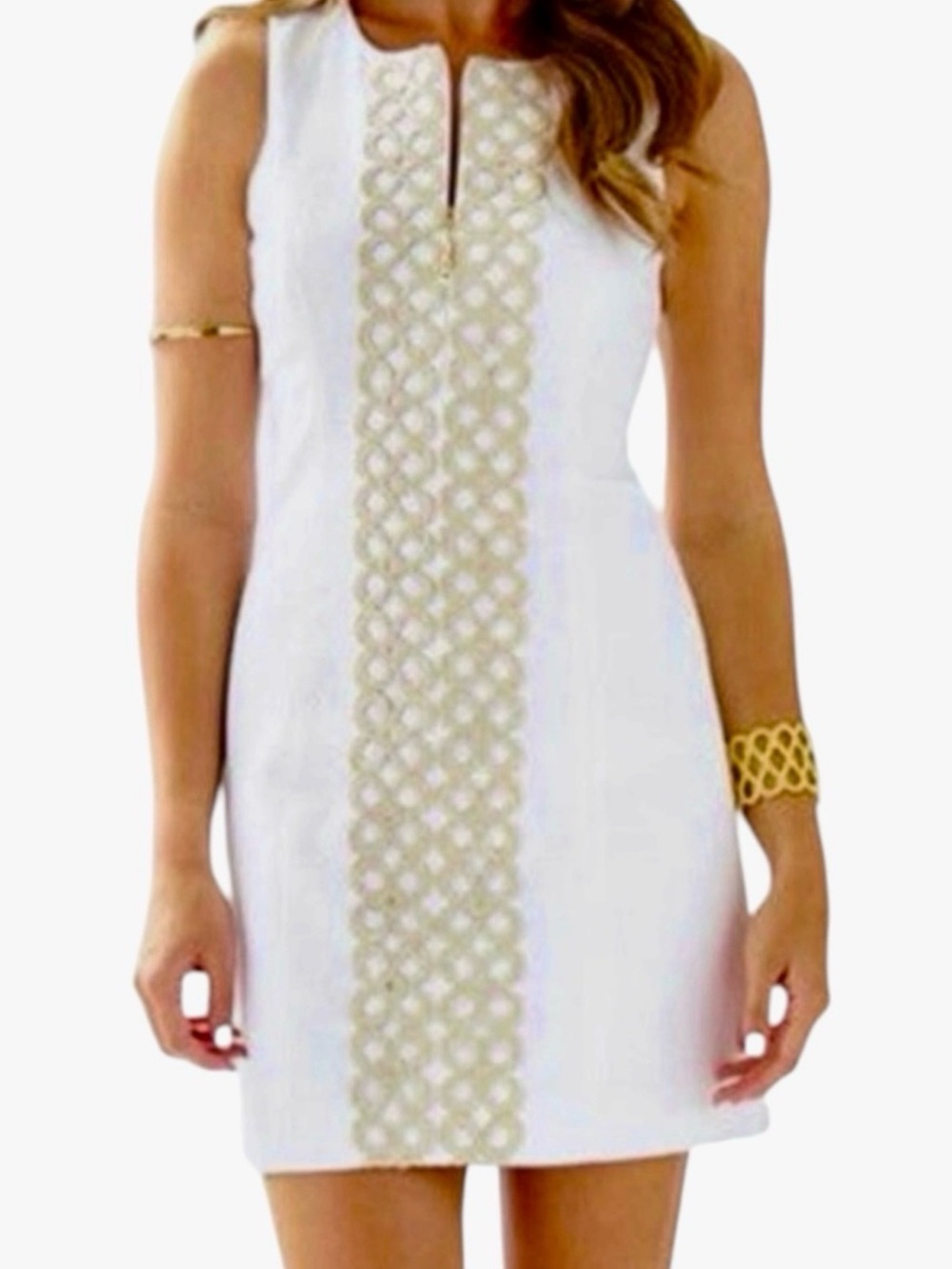 Lilly Pulitzer Mila Sleeveless Resort White mini Dress  Gold Lace-Trim new 0